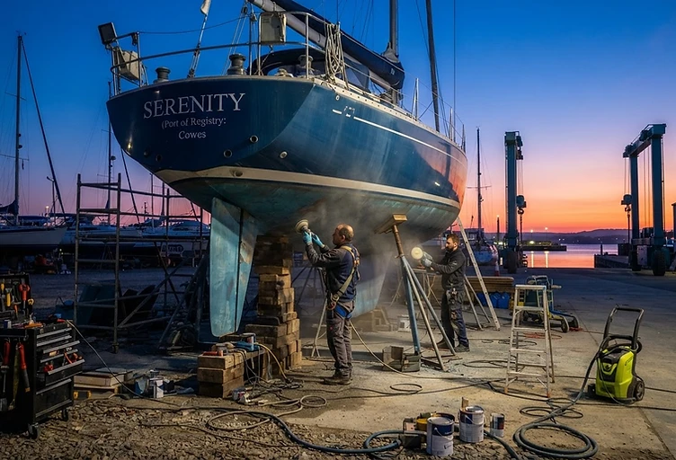 Boatyard at dawn with technicians servicing a yacht on stands