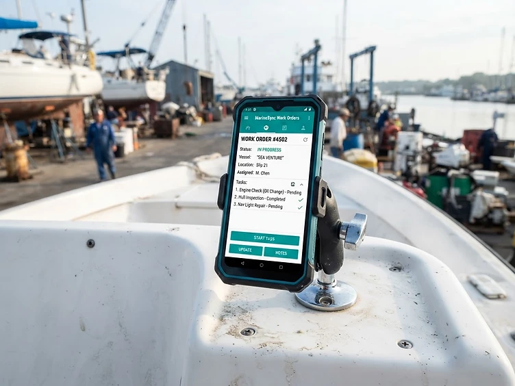 Rugged smartphone on a fiberglass boat console showing a PortWorks work order