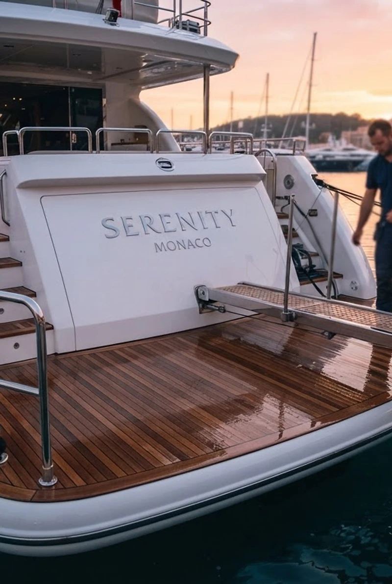 Luxury yacht stern at a marina at sunrise with a technician in the background