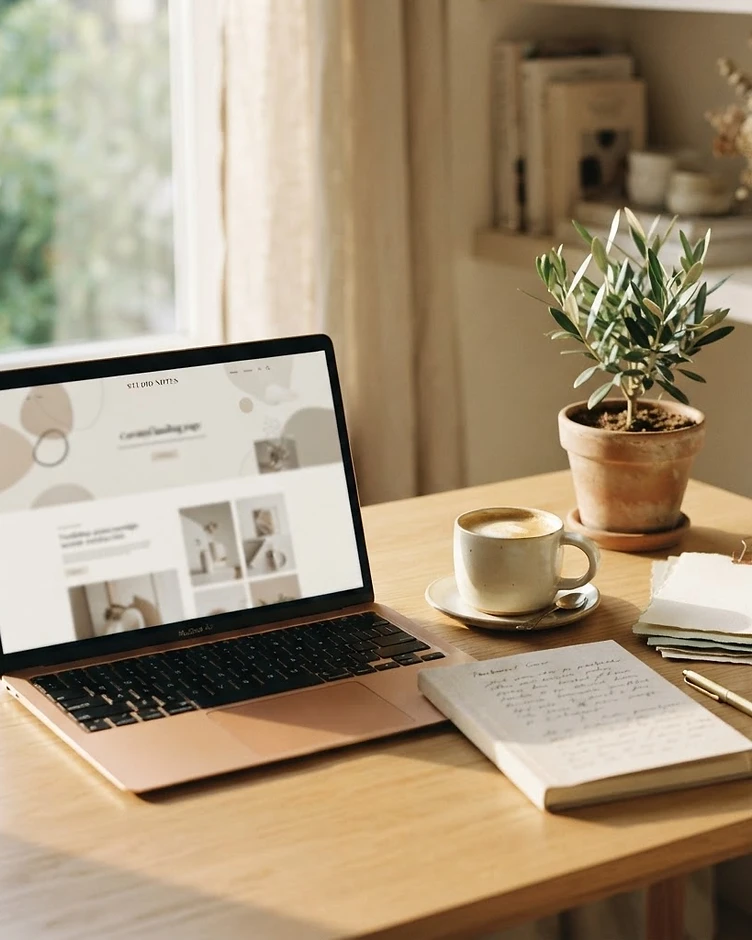 A sunlit desk with a laptop, coffee, notebook and plants, styled in warm cream and sage tones