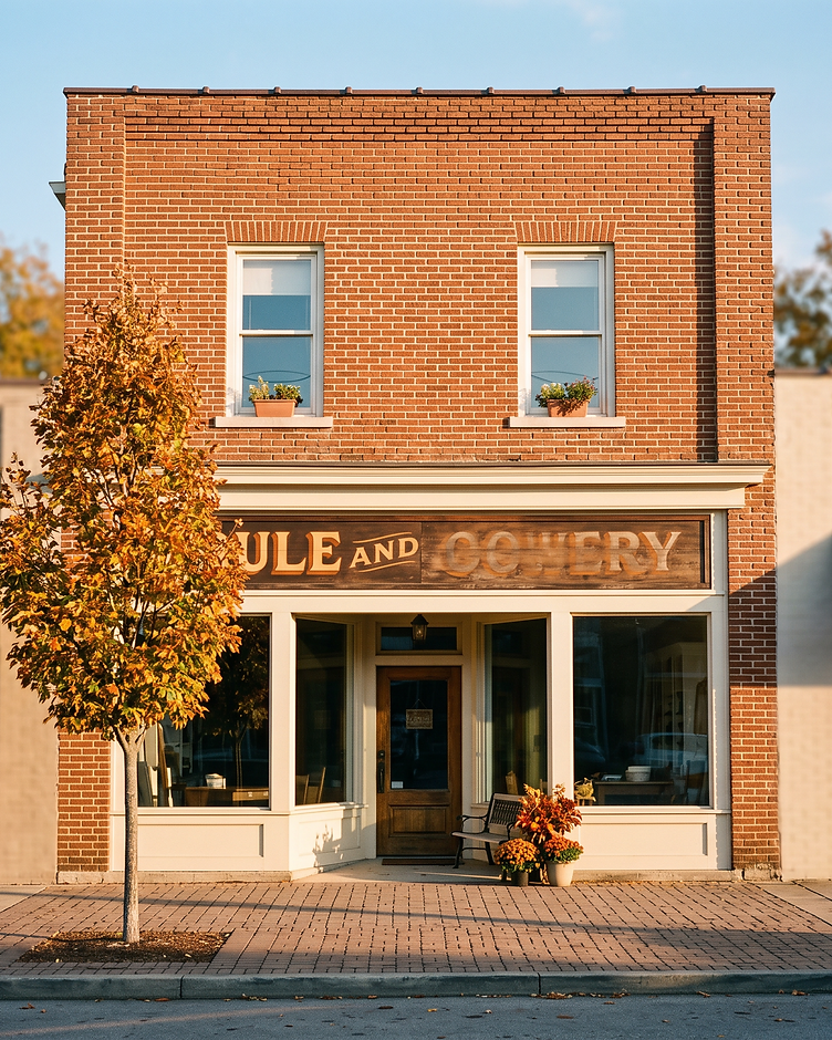 Brick storefront of a small local business on a main street in Middle Tennessee, lit by late afternoon sun