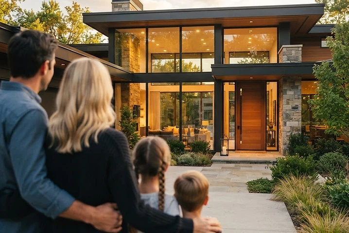 A family looking up at their new home