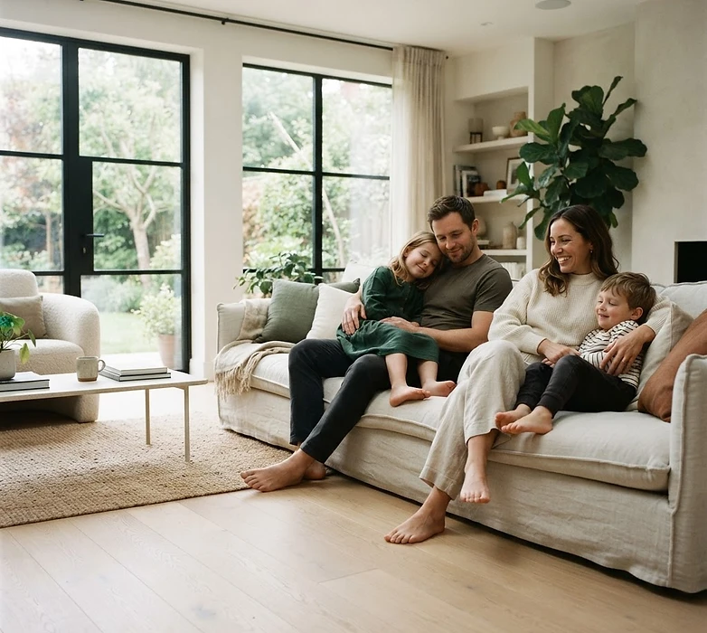 A family at ease together in a bright, calm home