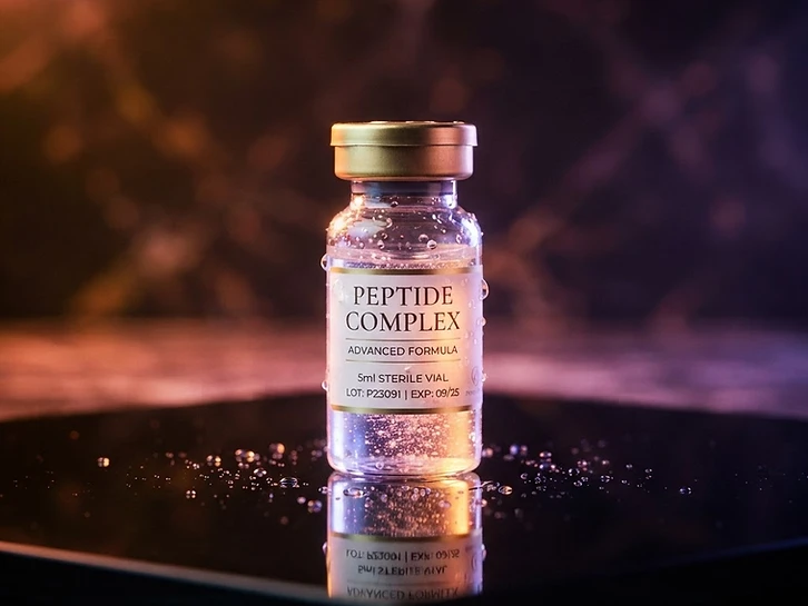 A glass research vial of clear peptide solution under dramatic studio light