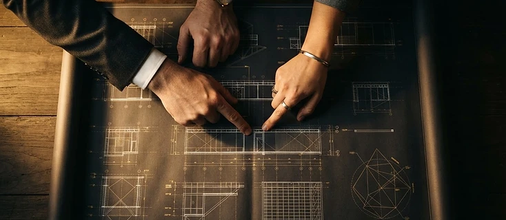 Two hands collaborating over a blueprint
