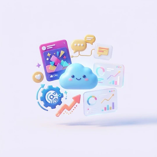 A cheerful blue cloud surrounded by colourful creative, chat and automation tools