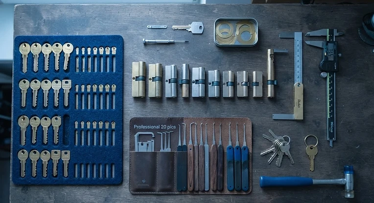 Werkbank met cilinders, sleutelblanks en meetgereedschap