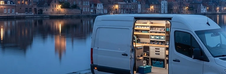 Bestelwagen van de slotenmaker aan de kaai in Dendermonde