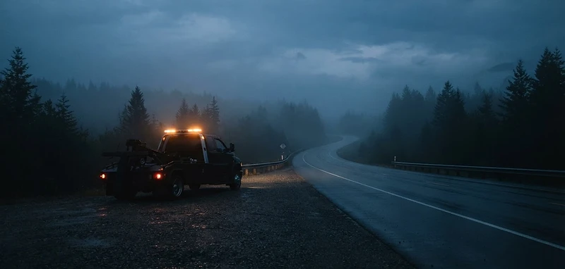 A tow truck silhouette on a Canadian highway at dusk
