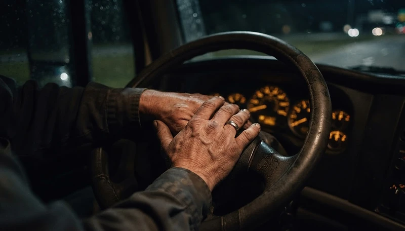 A tow operator's hands resting on a steering wheel at night