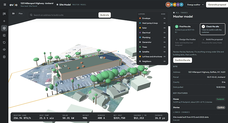 The Evoa site model showing the building, its solar array and every trade on one project