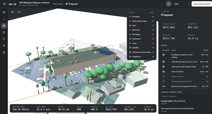 An Evoa proposal showing project cost, incentives, net cost and payback beside the scope