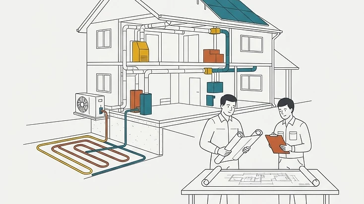 A building section showing ductwork, a heat pump, rooftop solar and a ground loop, with a contractor and a building scientist reviewing the drawings