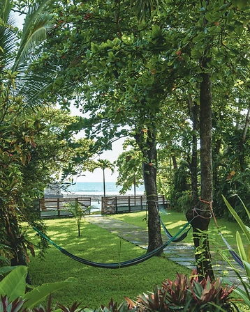 Stone path through a tropical lawn leading to the beach