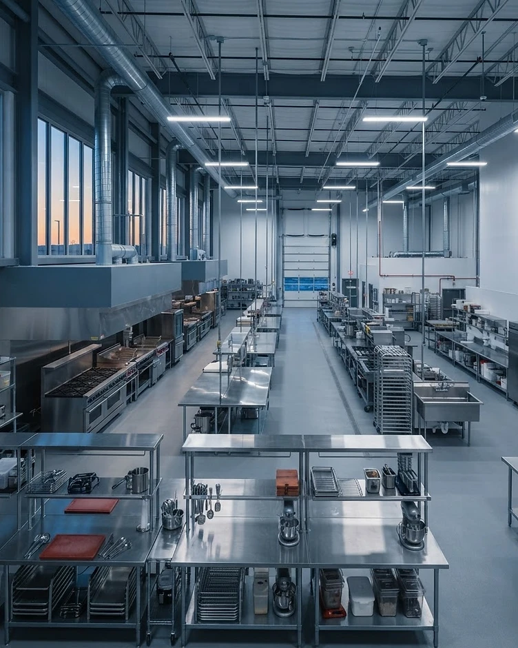 Professional commercial commissary kitchen interior at dawn