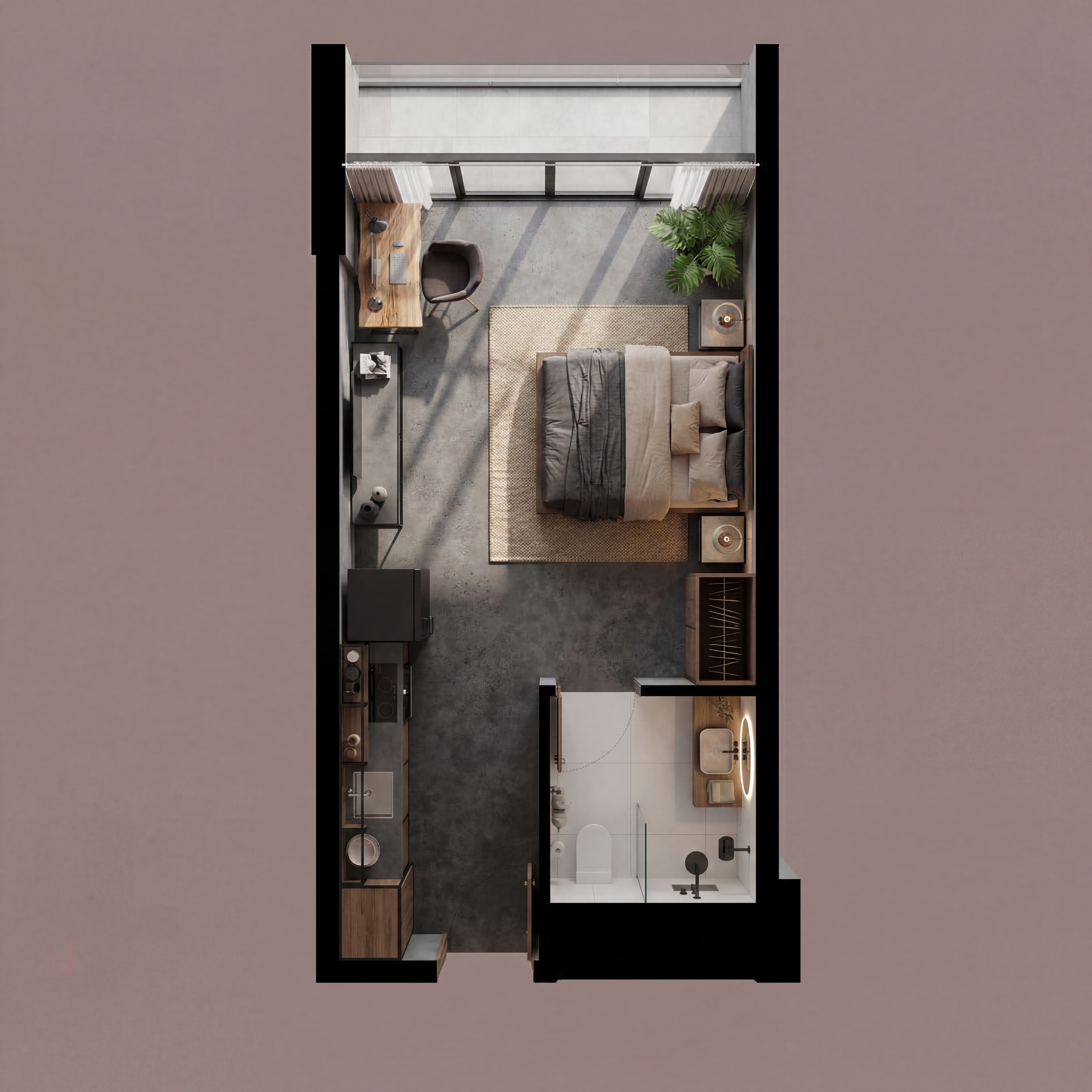 Planta humanizada Studio — 26 e 27 m² do Compass 109