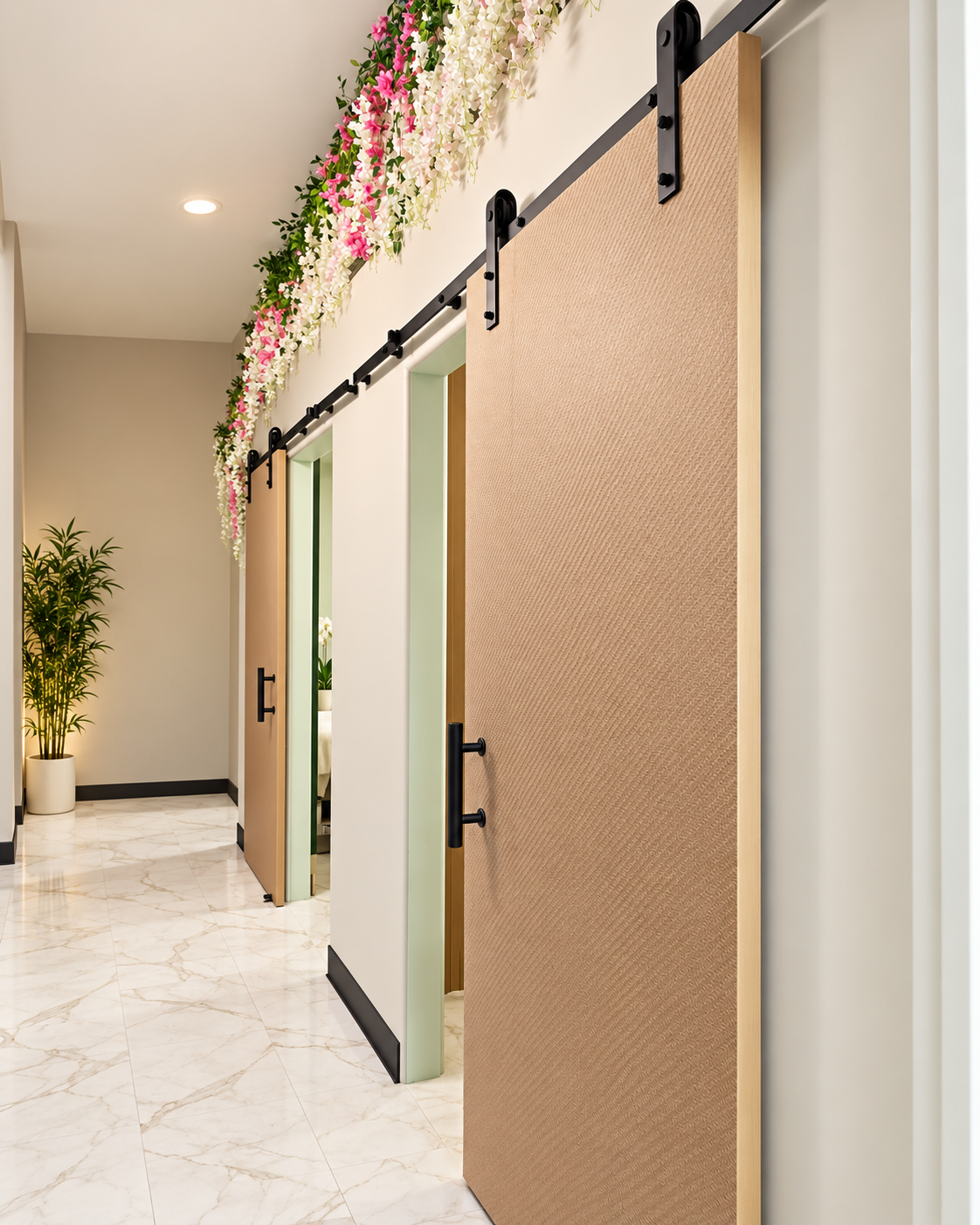 Hallway with sliding barn doors and floral garland