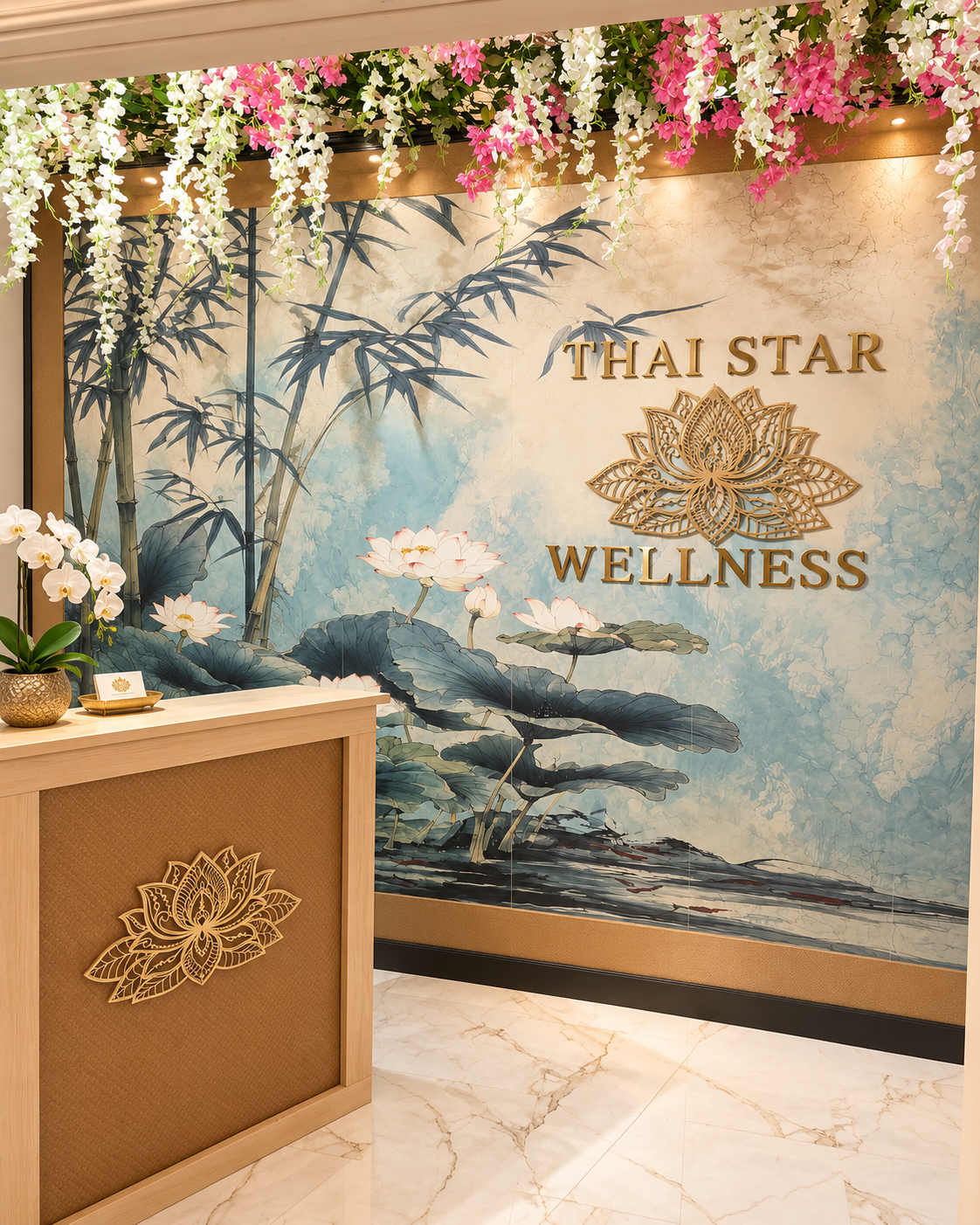 Reception desk with gold lotus emblem and lotus mural