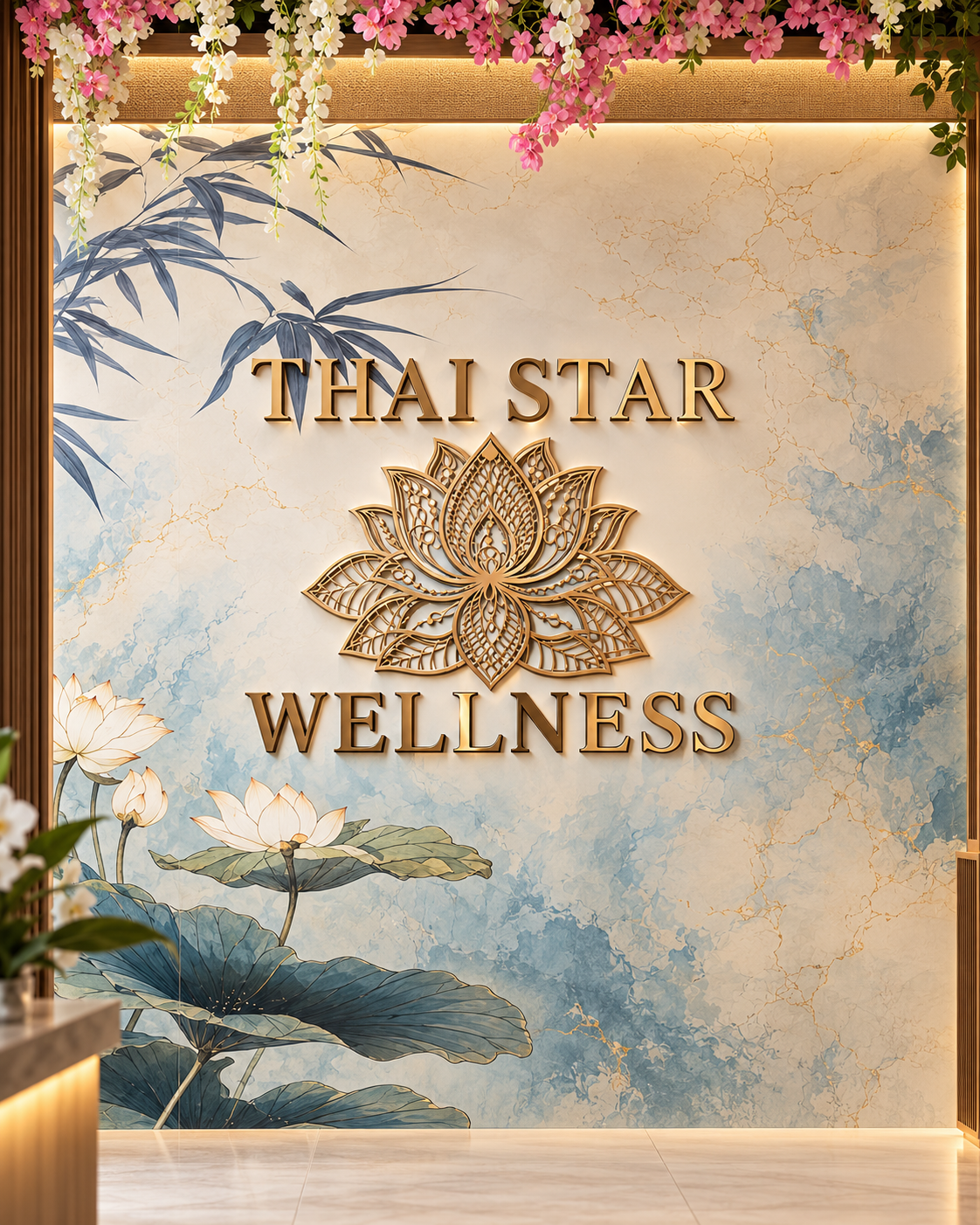 Thai Star Wellness wall sign with gold lotus