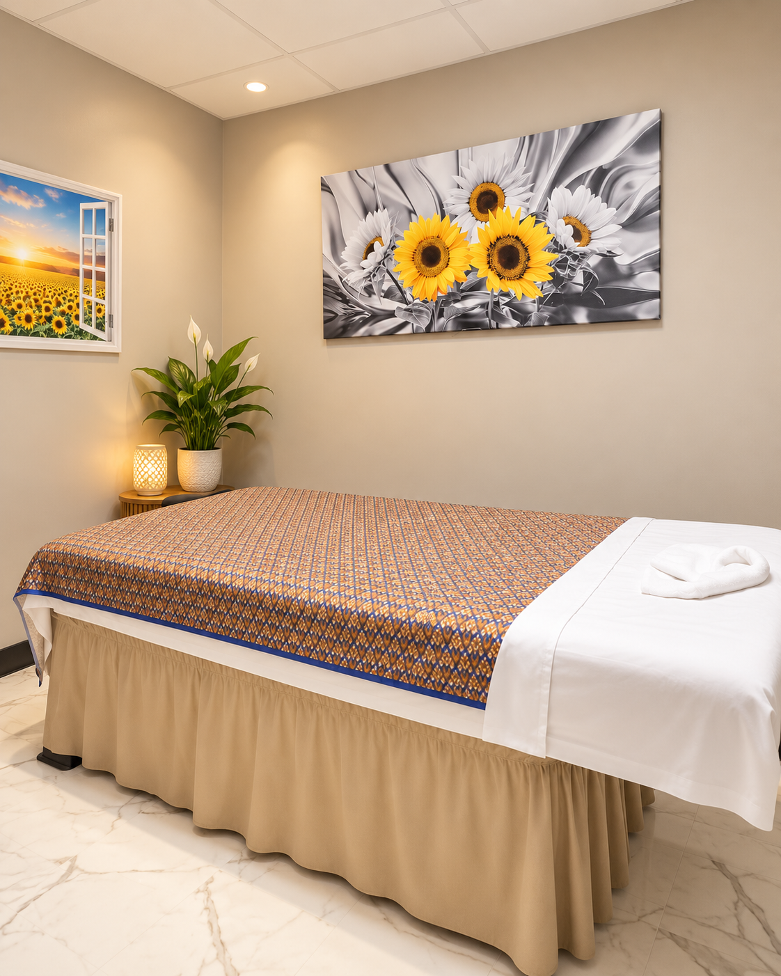 Treatment room with patterned Thai bed runner