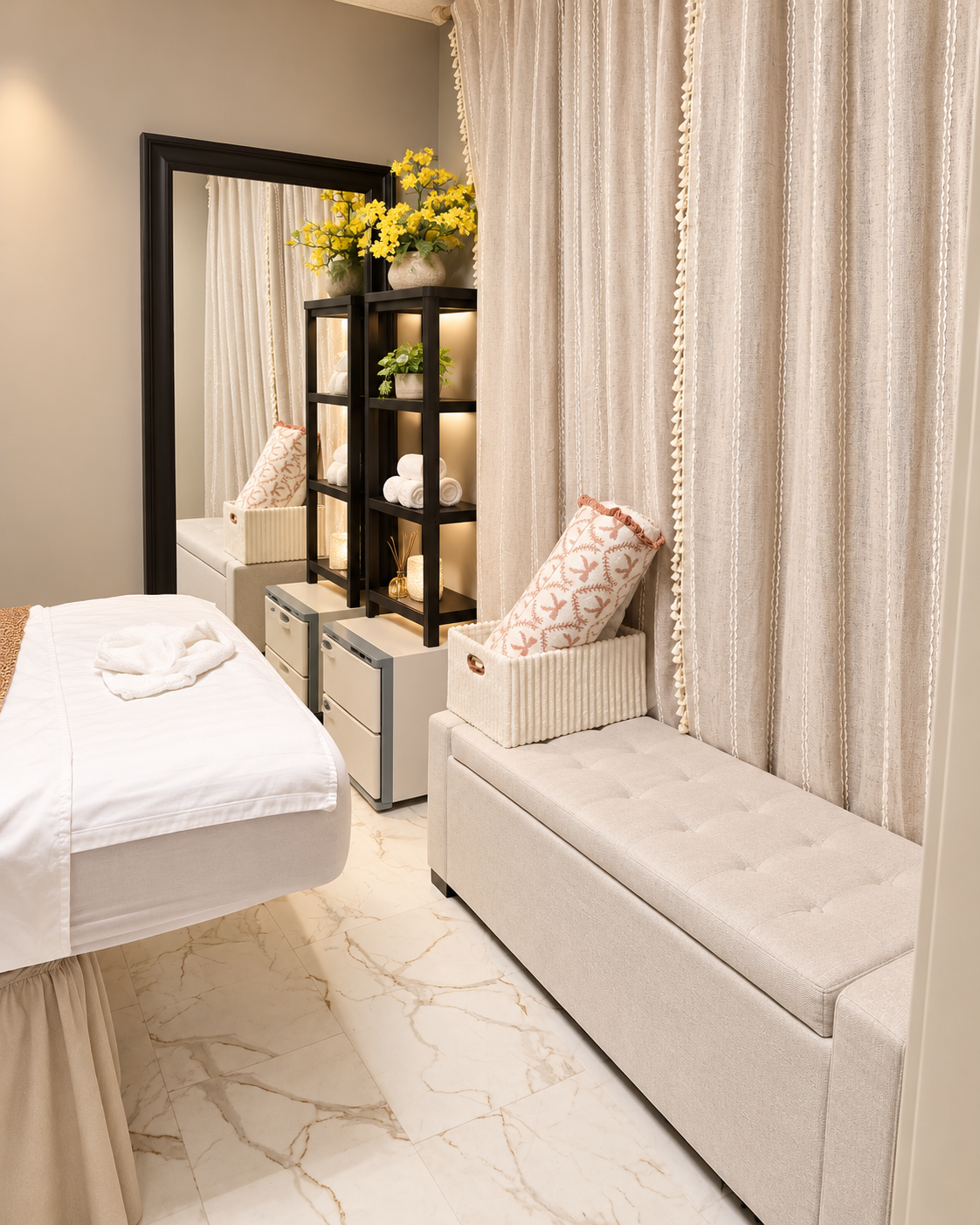 Private room with tufted bench and black shelving