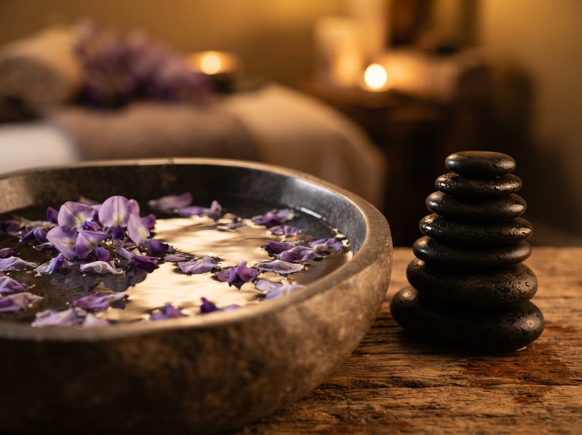 Wisteria petals in water bowl