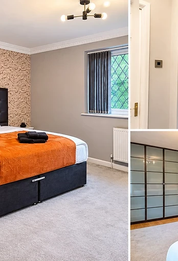 The Oakwood bedroom collage with orange bedding, arched doorway and sliding wardrobe