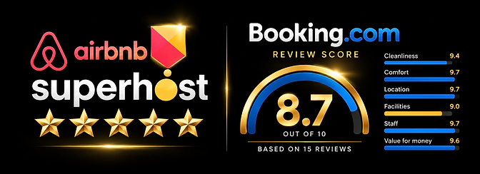 Airbnb Superhost with five gold stars. Booking.com review score: 8.7 out of 10, based on 15 reviews. Cleanliness 9.4, Comfort 9.7, Location 9.7, Facilities 9.0, Staff 9.7, Value for money 9.6.