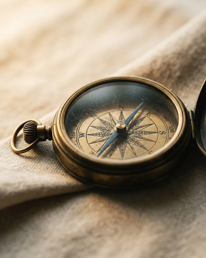 A weathered vintage brass compass resting on natural linen, representing a lifetime of journeys and the passage of time.
