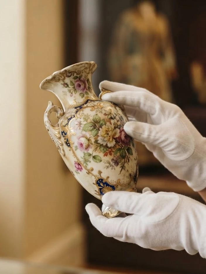 Curator's hands in white cotton gloves gently handling a porcelain heirloom, symbolizing professional care and respect.