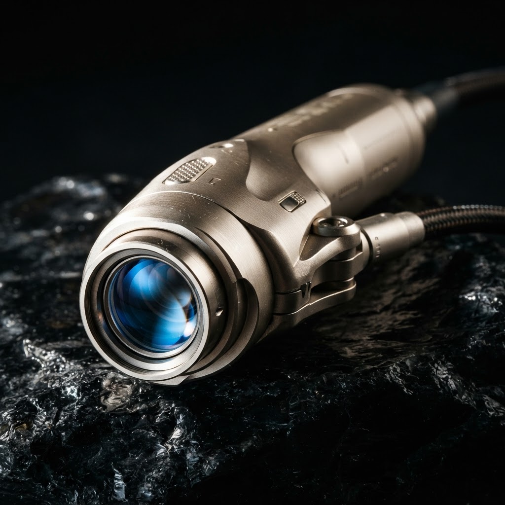Macro of a clinical laser handpiece on a dark background