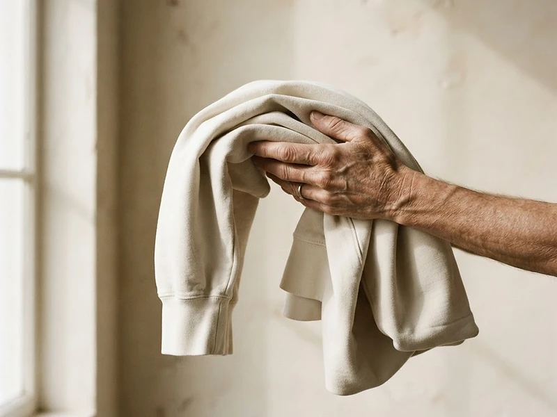 A heavyweight cotton garment held as a sculptural object