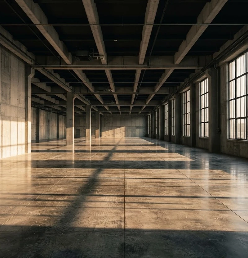 Empty minimalist concrete warehouse interior with sunlight