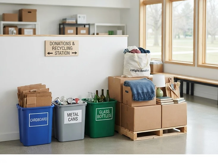 Recycling bins and stacked donation boxes in a bright, organized staging area