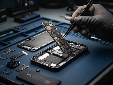 Technician lifting the logic board out of a disassembled iPhone 17