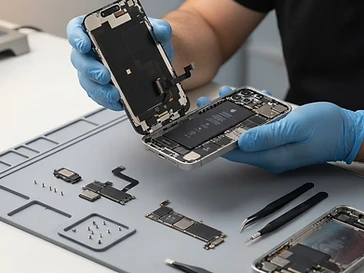 Technician holding the detached display assembly of a disassembled iPhone 17