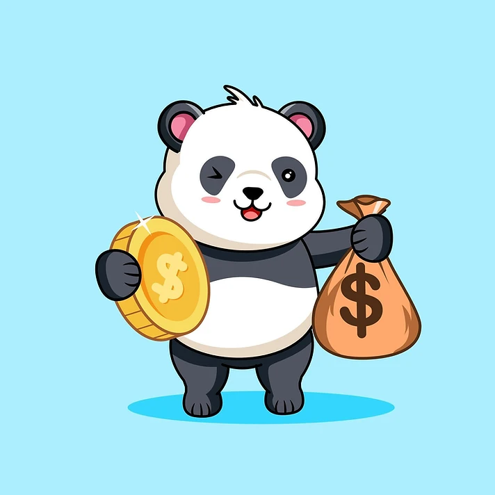 Lulu the panda holding a gold coin and money bag