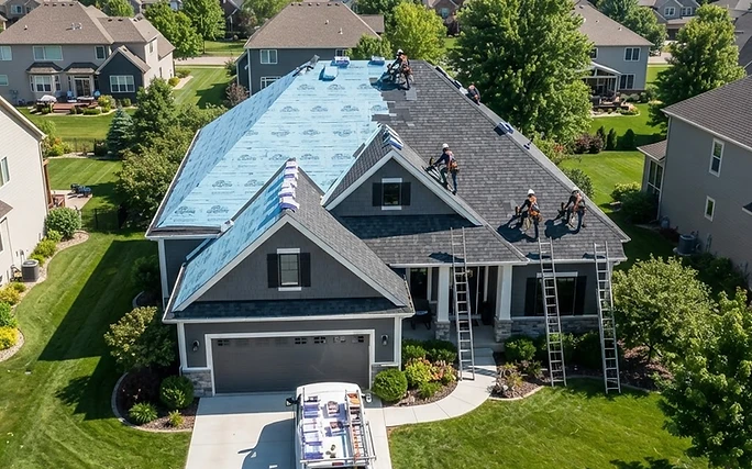 Roofing crew installing charcoal architectural shingles on a two-story suburban home