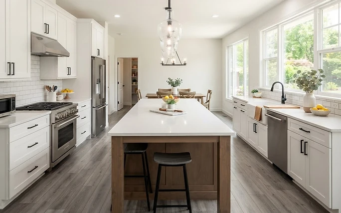 Remodeled kitchen with white shaker cabinets, a wood base island, and glass pendant lights