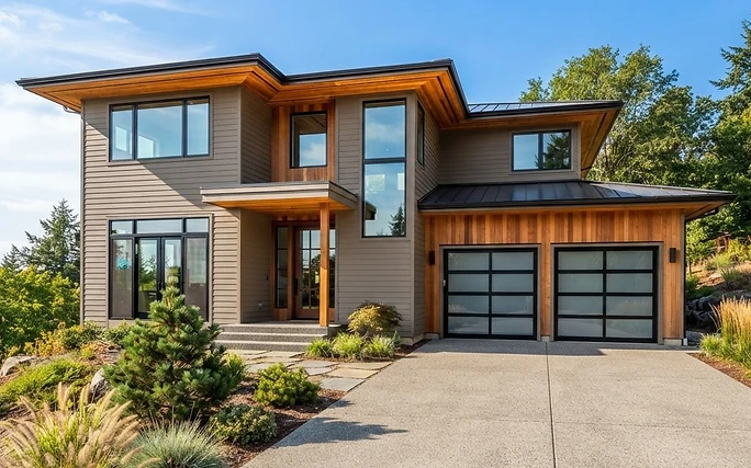 Modern two-story home with cedar soffits, taupe lap siding, and frosted glass garage doors