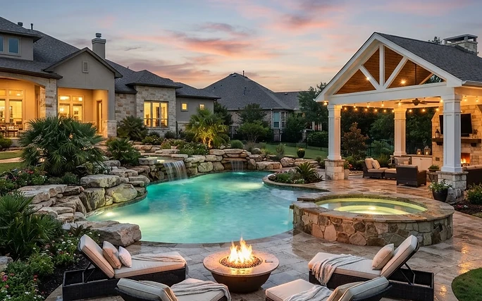 Freeform swimming pool with a raised stone spa and a circular fire pit patio at dusk