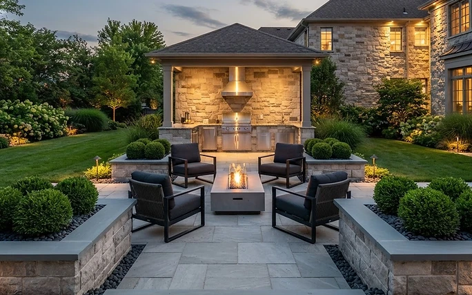 Backyard with a light grey paver patio, stone planters, and a gas fire table at dusk