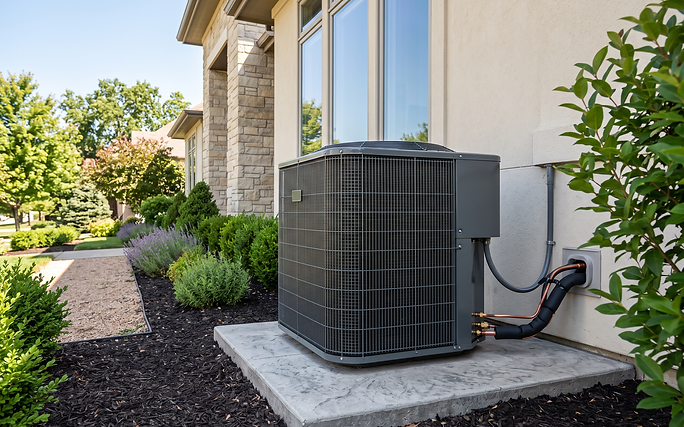 Grey residential air conditioning condenser unit beside a home with landscaped beds