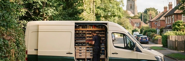 Bestelwagen van de slotenmaker in een groene straat in Merelbeke