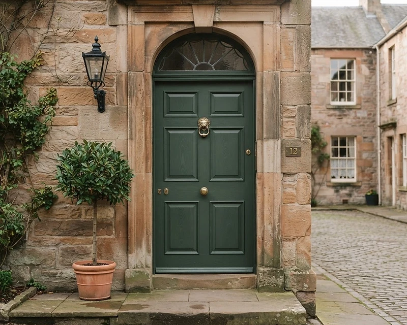 A crafted timber entrance door at a Scottish Borders townhouse