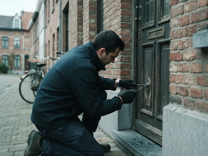 Slotenmaker werkt bij daglicht aan het cilinderslot van een voordeur in Eeklo