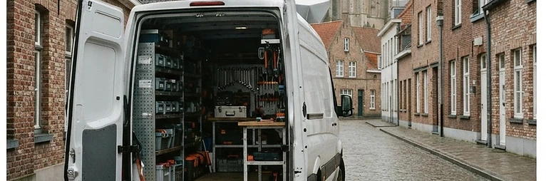Servicewagen van de slotenmaker in een dorpsstraat in het Meetjesland
