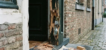 Gesplinterde deurstijl en beschadigde sluitplaat na een inbraakpoging