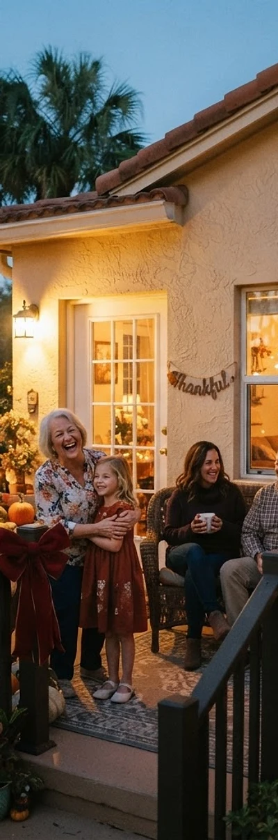 A family on the porch of a Florida home at dusk, with a large red bow on the porch railing