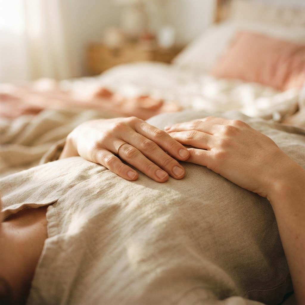 Two relaxed hands resting on a person's chest over soft linen in warm morning light